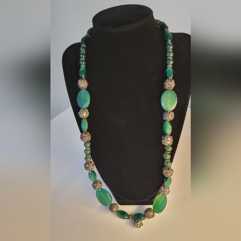 Green Glass Beaded Necklace Antiqued Silver Tone Metal Accents - Boho Chic